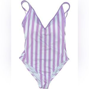 Kona Sol Women’s One Piece Bathing Suit, Purple & White Stripe, Medium, NWOT